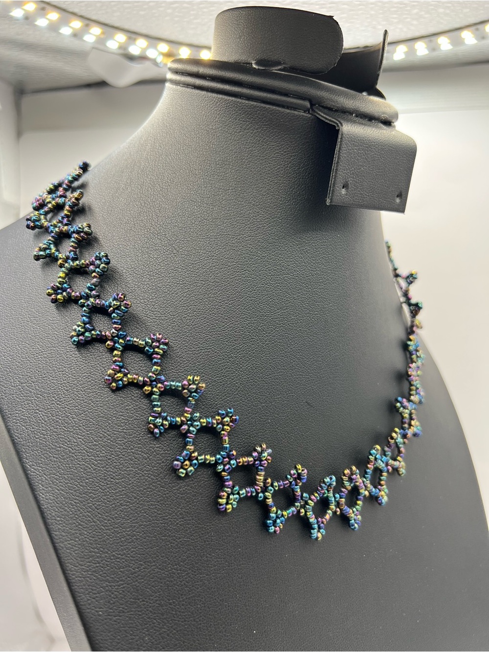 Vintage Iridescent Seed Bead Lace Choker Necklace Rainbow Oil Slick Adjustable